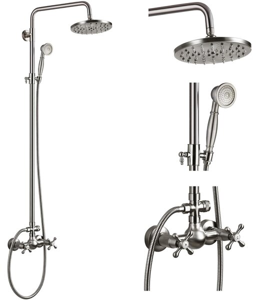Set per doccia a pavimento, finitura in nichel spazzolato, include soffione a pioggia da 8 pollici