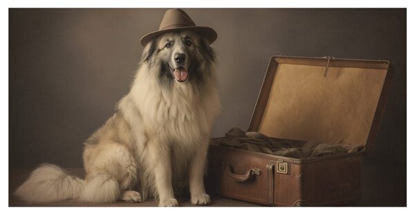 Quadro su tela – Cane viaggiatore con cappello