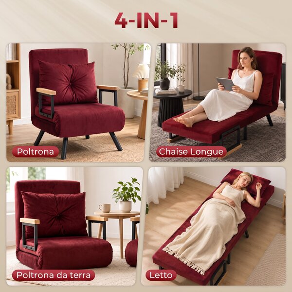 HOMCOM Poltrona Letto Imbottita 3 in 1 con Schienale Reclinabile in 5 Posizioni e Cuscino, 63x73x81 cm, Rosso Vino | Aosom Italy