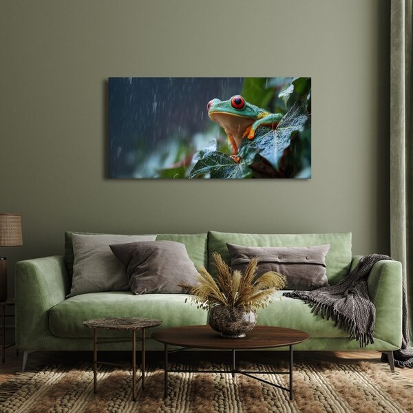 Quadro su tela – Rana colorata nella pioggia tropicale