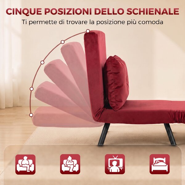HOMCOM Poltrona Letto Imbottita 3 in 1 con Schienale Reclinabile in 5 Posizioni e Cuscino, 63x73x81 cm, Rosso Vino | Aosom Italy