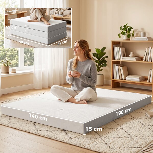 HOMCOM Materasso pieghevole in 3 parti in memory foam gel 140x190x15 cm, bianco | Aosom Italy