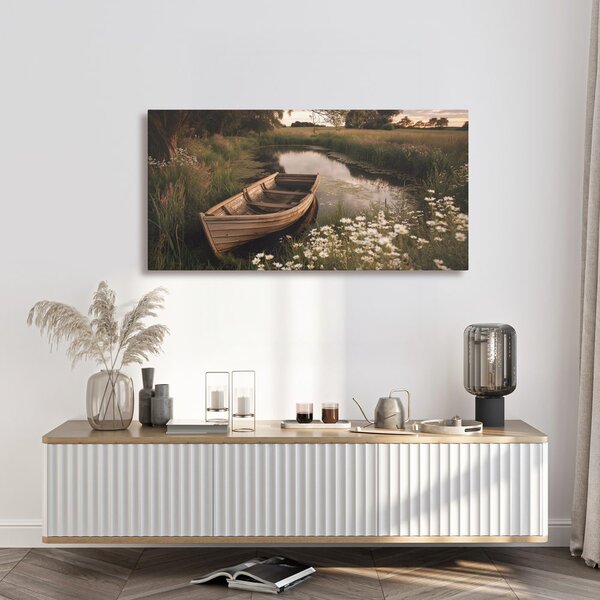 Quadro su tela – Barca nella baia fiorita