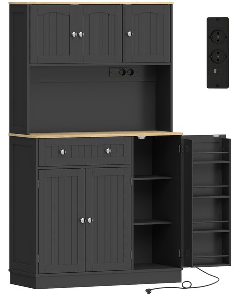 HOMCOM Credenza alta da cucina con 6 ante, piano di lavoro e stazione di ricarica, nero | Aosom Italy
