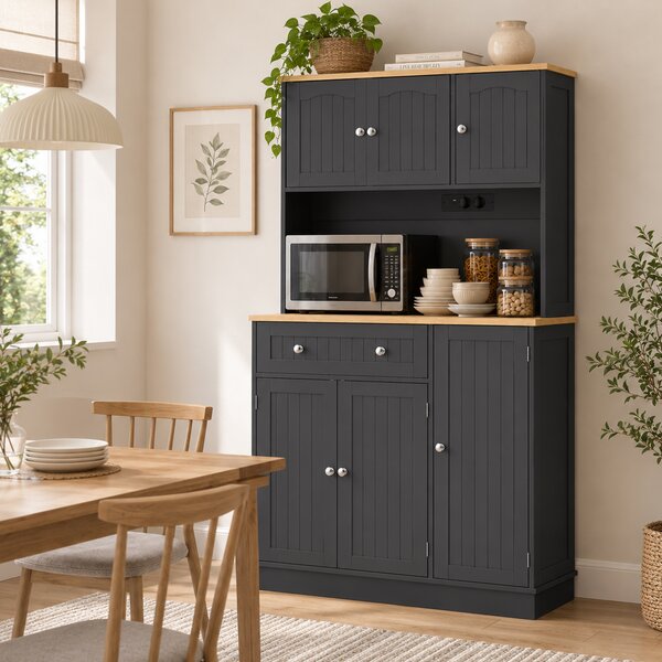 HOMCOM Credenza alta da cucina con 6 ante, piano di lavoro e stazione di ricarica, nero | Aosom Italy
