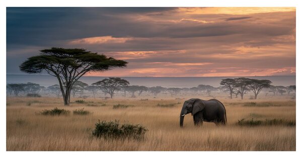 Quadro su tela – Elefante nella savana al tramonto