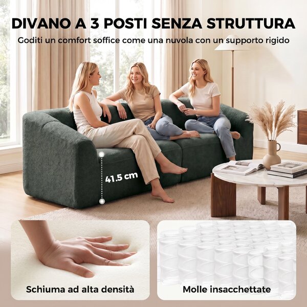 HOMCOM Divano 3 Posti Senza Struttura con Seduta Ampia, Imbottitura Spessa, in Ciniglia, Verde Scuro | Aosom Italy
