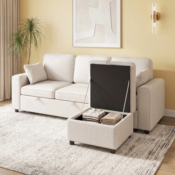 HOMCOM Divano letto angolare 3 posti in ciniglia con pouf contenitore, beige | Aosom Italy