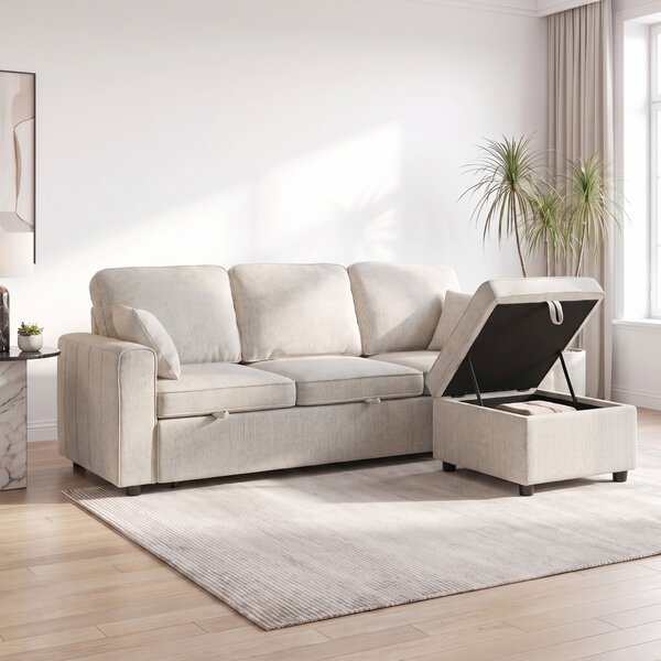 HOMCOM Divano letto angolare 3 posti in ciniglia con pouf contenitore, beige | Aosom Italy