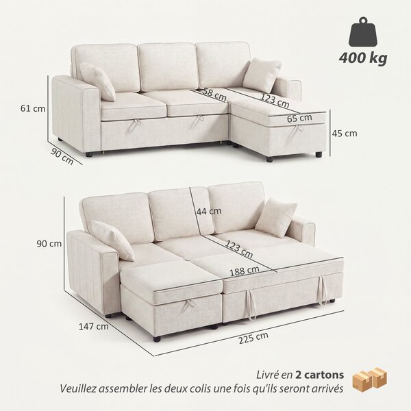 HOMCOM Divano letto angolare 3 posti in ciniglia con pouf contenitore, beige | Aosom Italy