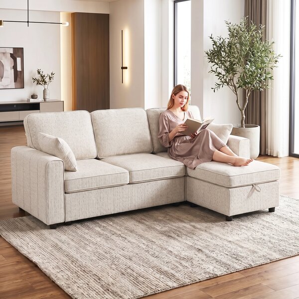 HOMCOM Divano letto angolare 3 posti in ciniglia con pouf contenitore, beige | Aosom Italy