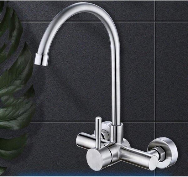 Miscelatore da cucina a parete, con doccetta estraibile e magnete, colore bianco, 2 fori