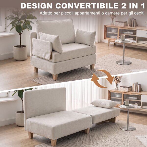 HOMCOM Poltrona Letto Singolo 2 in 1 Pieghevole con Cuscini, Salvaspazio in Tessuto Misto Lino-Velluto, Crema | Aosom Italy
