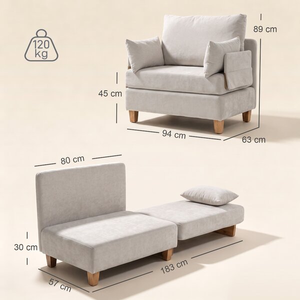 HOMCOM Poltrona Letto Singolo 2 in 1 Pieghevole con Cuscini, Salvaspazio in Tessuto Misto Lino-Velluto, Crema | Aosom Italy