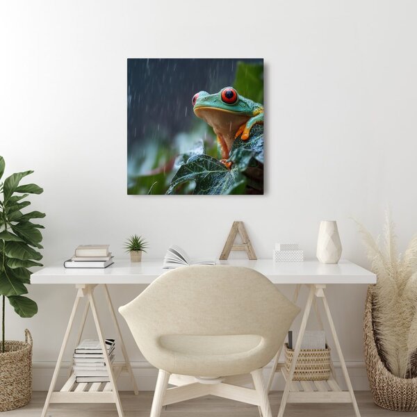 Quadro su tela – Goccia di pioggia su foglia di rana
