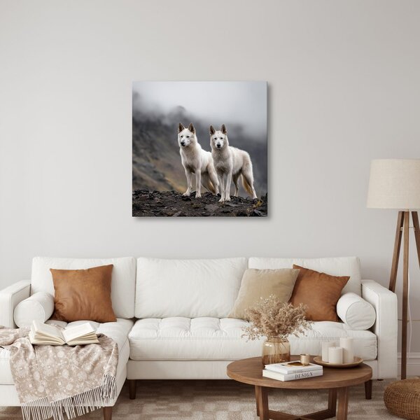 Quadro su tela – Lupi bianchi sulle rocce