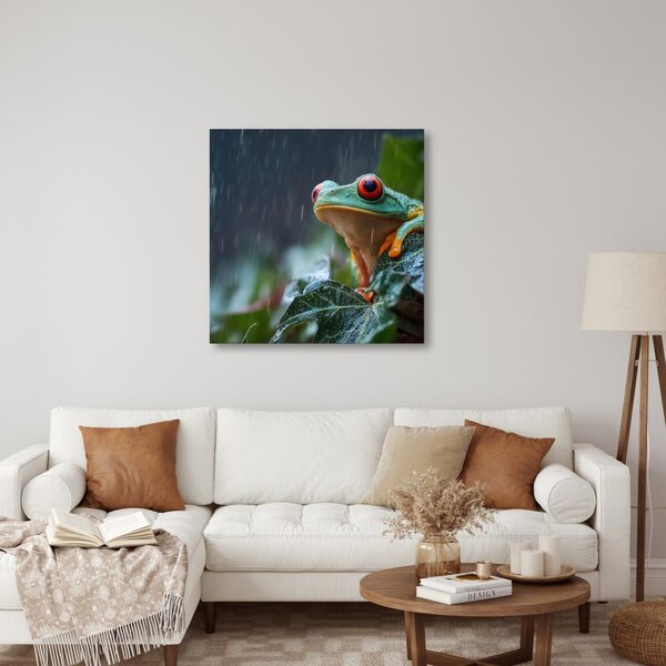 Quadro su tela – Goccia di pioggia su foglia di rana