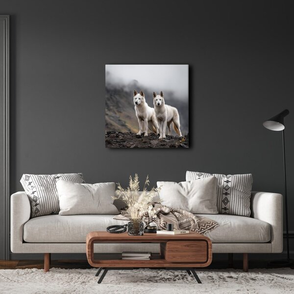 Quadro su tela – Lupi bianchi sulle rocce