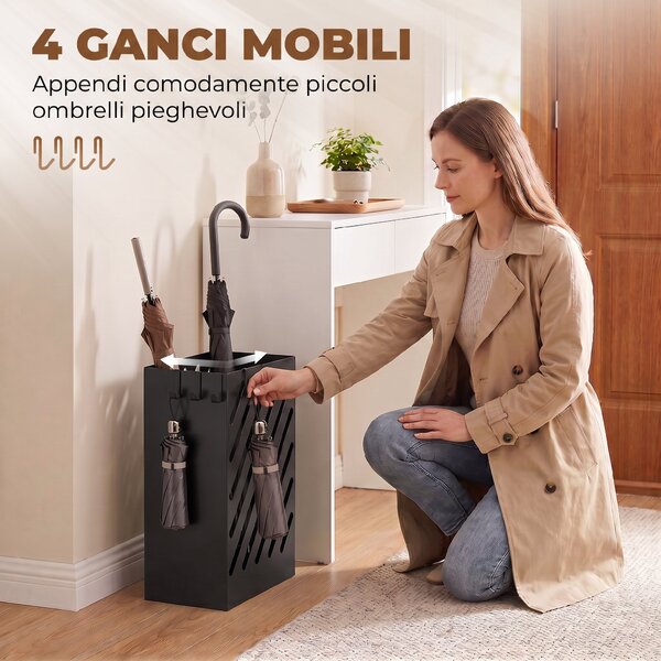 HOMCOM Portaombrelli in acciaio con 4 ganci e vaschetta estraibile, nero | Aosom Italy
