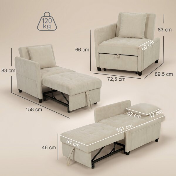 HOMCOM Poltrona letto 4 in 1 in ciniglia con schienale regolabile, beige | Aosom Italy