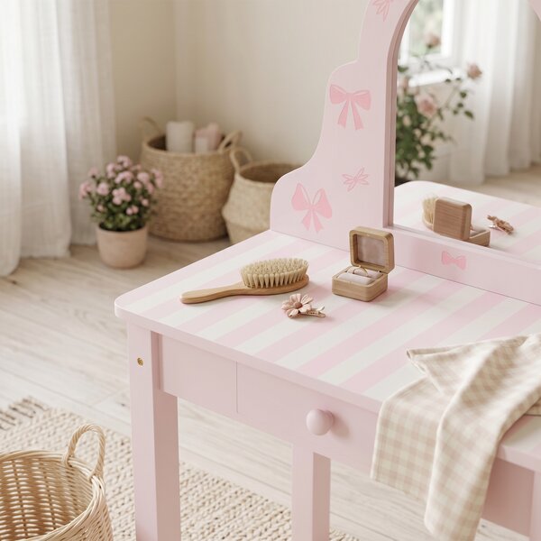 AIYAPLAY Set tavolo da trucco 2 in 1 per bambini con sgabello e specchio, rosa | Aosom Italy
