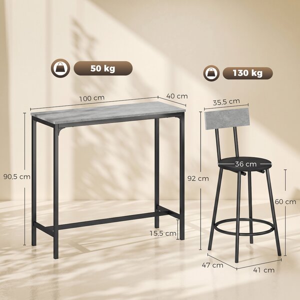 HOMCOM Set tavolo da bar con 2 sgabelli imbottiti e poggiapiedi, grigio | Aosom Italy