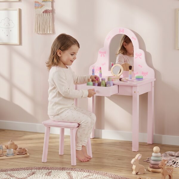 AIYAPLAY Set tavolo da trucco 2 in 1 per bambini con sgabello e specchio, rosa | Aosom Italy