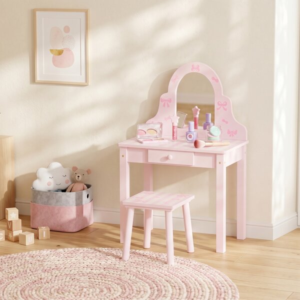 AIYAPLAY Set tavolo da trucco 2 in 1 per bambini con sgabello e specchio, rosa | Aosom Italy