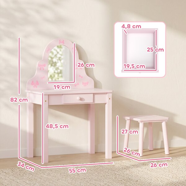 AIYAPLAY Set tavolo da trucco 2 in 1 per bambini con sgabello e specchio, rosa | Aosom Italy