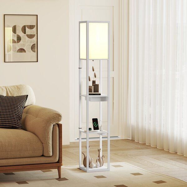 HOMCOM Lampada da terra con 3 ripiani, porte USB e interruttore a pedale, bianco | Aosom Italy