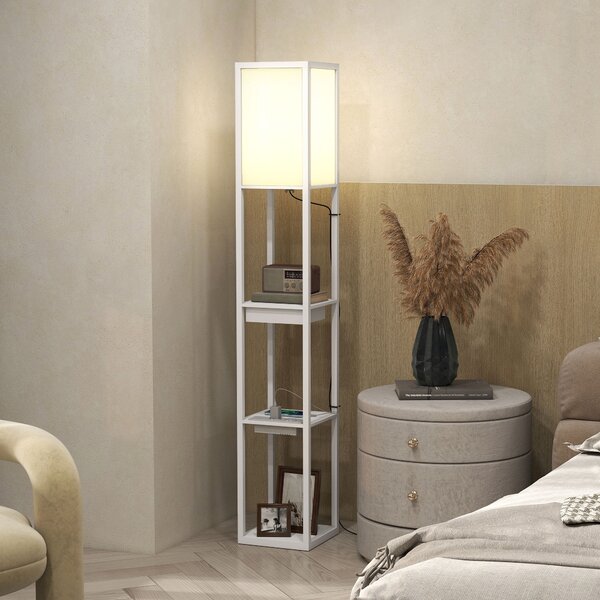 HOMCOM Lampada da terra con 3 ripiani, porte USB e interruttore a pedale, bianco | Aosom Italy