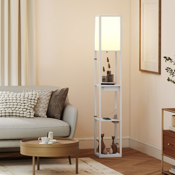 HOMCOM Lampada da terra con 3 ripiani, porte USB e interruttore a pedale, bianco | Aosom Italy