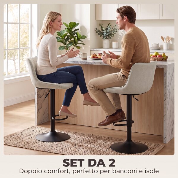 HOMCOM Set 2 Sgabelli Bar Girevoli Regolabili con Base in Metallo e Schienale, Bianco Crema | Aosom Italy
