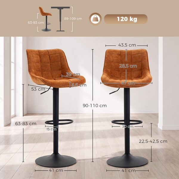 HOMCOM Set 2 Sgabelli Bar Girevoli e Regolabili con Base Metallo e Schienale, Marrone Aranciato | Aosom Italy