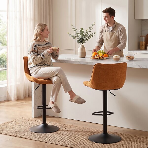 HOMCOM Set 2 Sgabelli Bar Girevoli e Regolabili con Base Metallo e Schienale, Marrone Aranciato | Aosom Italy