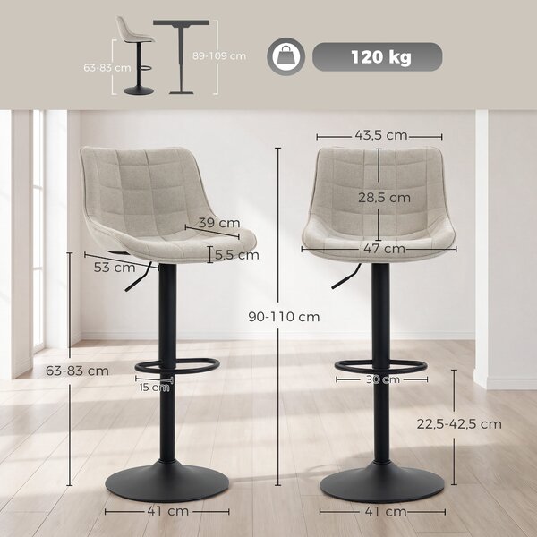 HOMCOM Set 2 Sgabelli Bar Girevoli Regolabili con Base in Metallo e Schienale, Bianco Crema | Aosom Italy