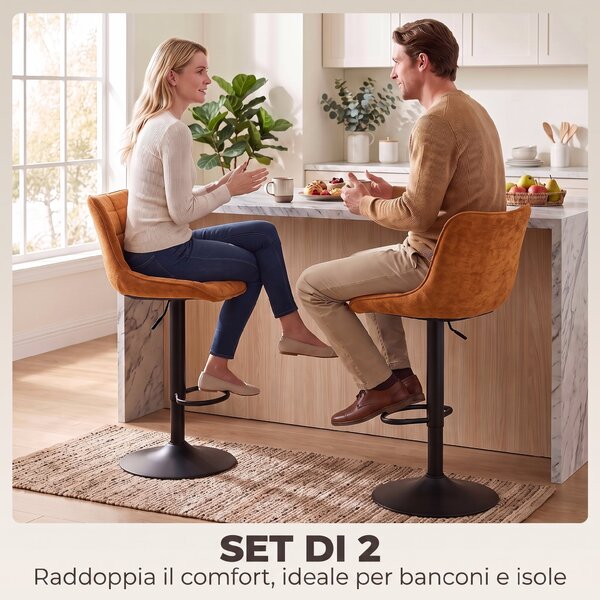 HOMCOM Set 2 Sgabelli Bar Girevoli e Regolabili con Base Metallo e Schienale, Marrone Aranciato | Aosom Italy