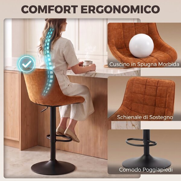 HOMCOM Set 2 Sgabelli Bar Girevoli e Regolabili con Base Metallo e Schienale, Marrone Aranciato | Aosom Italy