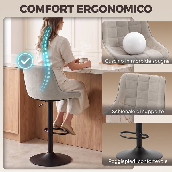 HOMCOM Set 2 Sgabelli Bar Girevoli Regolabili con Base in Metallo e Schienale, Bianco Crema | Aosom Italy