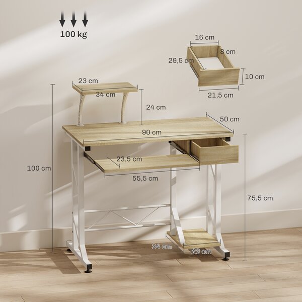 HOMCOM Scrivania per computer con vassoio tastiera e cassetto 90x50x100 cm, rovere | Aosom Italy