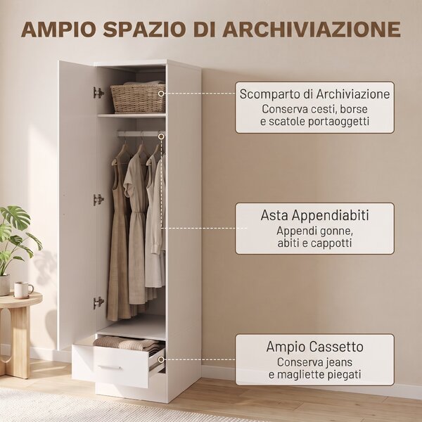 HOMCOM Armadio portabiti con asta appendiabiti e cassetto, bianco | Aosom Italy