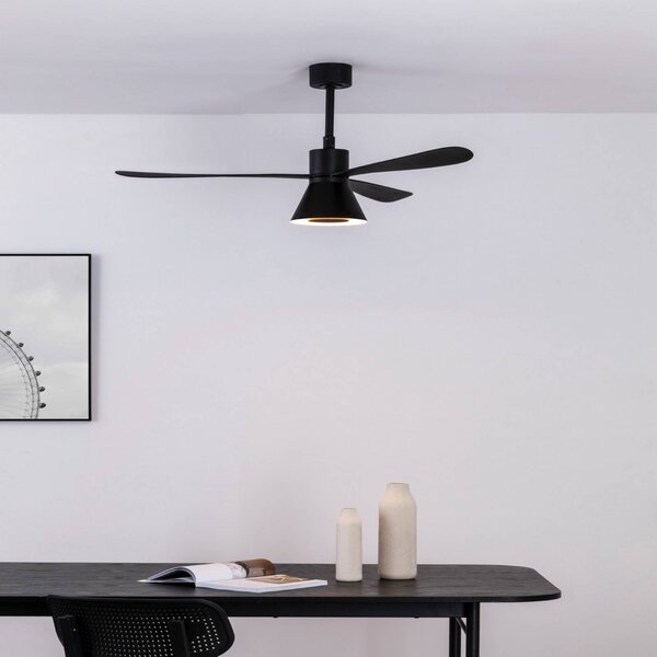 FARO BARCELONA Ventilatore da soffitto LED Amelia Cone L, nero, silenzioso, 132 cm dimmerabile, Nero, Soggiorno / Sala da pranzo, Plastica, Moderno