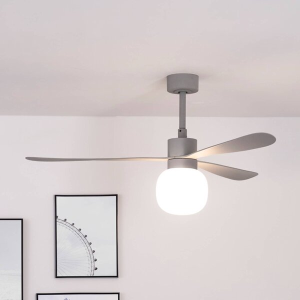 FARO BARCELONA Ventilatore da soffitto LED Amelia Ball L, grigio, CC, silenzioso, 132 cm Ball, dimmerabile, Alluminio / Grigio / Zincato, Soggiorno / Sala da pranzo, Plastica, Moderno
