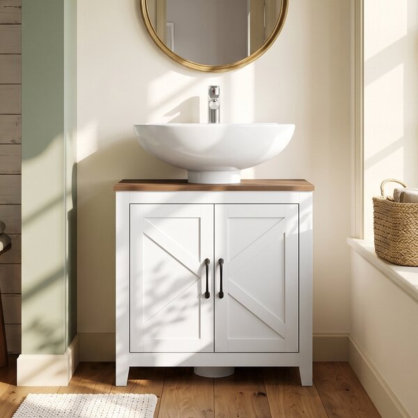 HOMCOM Mobile sottolavabo rustico con ripiano regolabile e 2 ante stile fienile, bianco | Aosom Italy