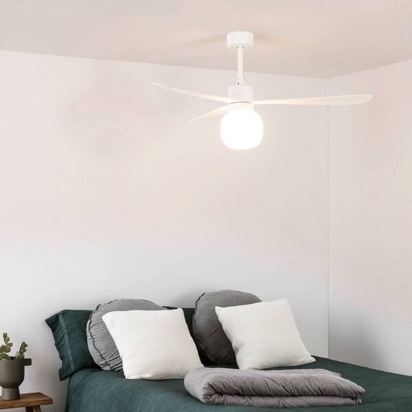 FARO BARCELONA Ventilatore da soffitto LED Amelia Ball L, bianco, corrente continua, Ball, dimmerabile, Bianco / Opale, Soggiorno / Sala da pranzo, Plastica, Moderno
