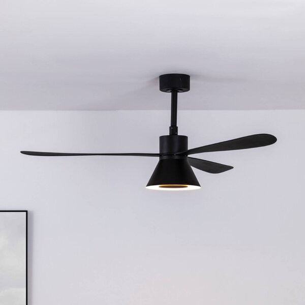 FARO BARCELONA Ventilatore da soffitto LED Amelia Cone L, nero, silenzioso, 132 cm dimmerabile, Nero, Soggiorno / Sala da pranzo, Plastica, Moderno