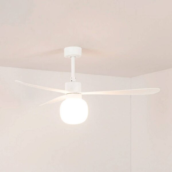 FARO BARCELONA Ventilatore da soffitto LED Amelia Ball L, bianco, corrente continua, Ball, dimmerabile, Bianco / Opale, Soggiorno / Sala da pranzo, Plastica, Moderno