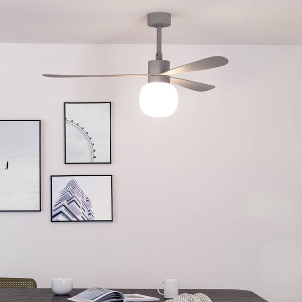 FARO BARCELONA Ventilatore da soffitto LED Amelia Ball L, grigio, CC, silenzioso, 132 cm Ball, dimmerabile, Alluminio / Grigio / Zincato, Soggiorno / Sala da pranzo, Plastica, Moderno