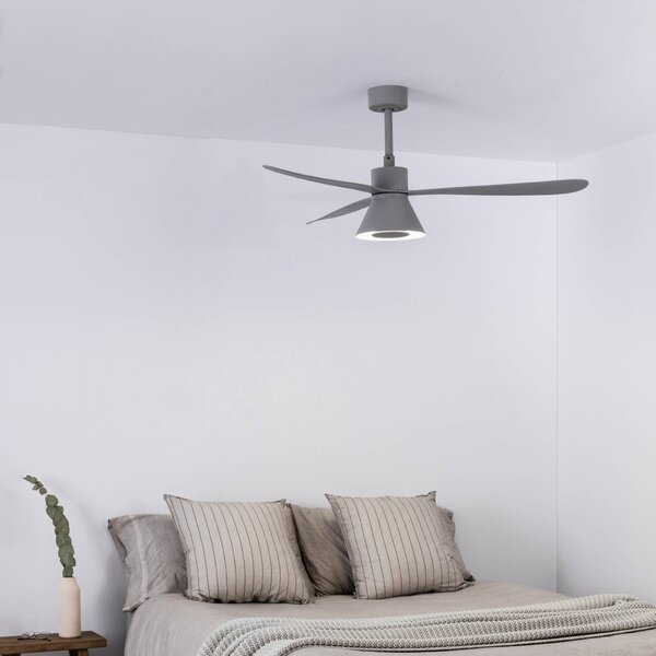 FARO BARCELONA Ventilatore da soffitto LED Amelia Cone L, grigio, DC, silenzioso, 132 cm dimmerabile, Alluminio / Grigio / Zincato, Soggiorno / Sala da pranzo, Plastica, Moderno