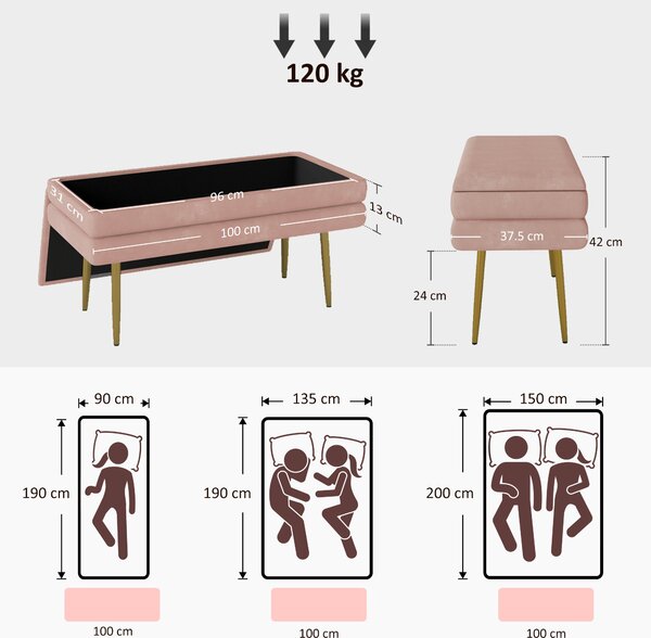 HOMCOM Panca imbottita contenitore con struttura in acciaio, 100x37,5x42 cm, rosa | Aosom Italy